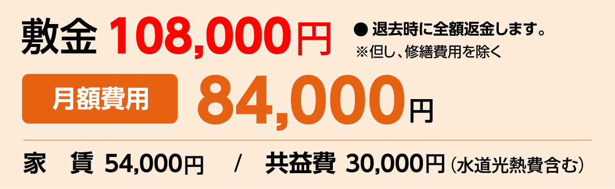 敷金 108,000円 ●退去時に全額返金します。※但し、修繕費用を除く/月額費用 84,000円/家賃 54,000円/共益費 30,000円(水道光熱費含む)